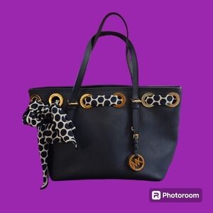 MICHAEL KORS Navy Blue Jet Set Polka Dot Scarf Tote Bag